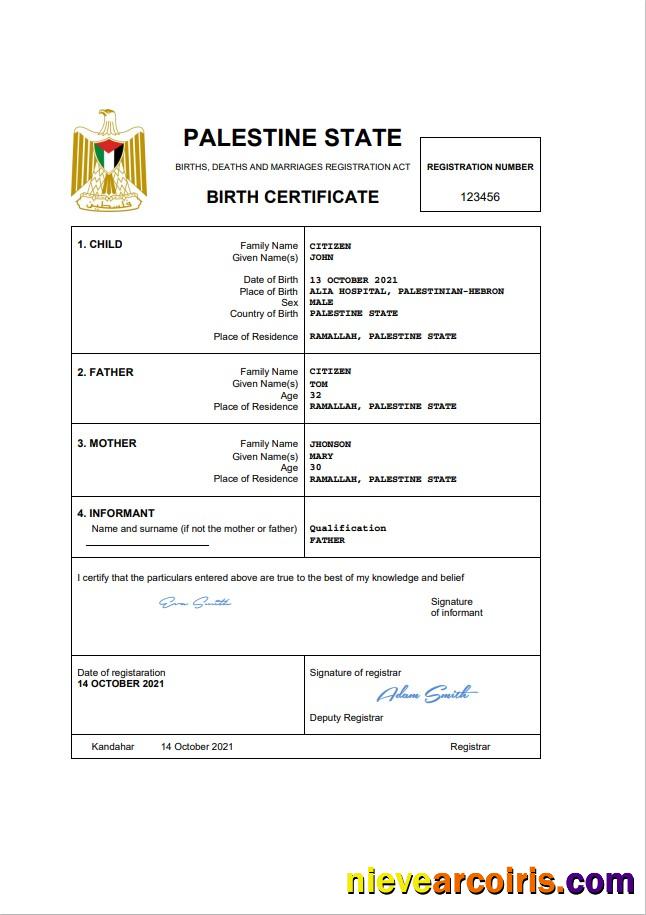 Palestine vital record birth certificate
